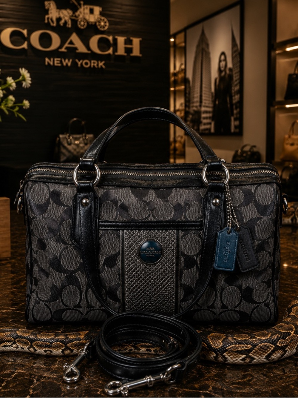 Coach Black Signature Jacquard Python Stripe Satchel